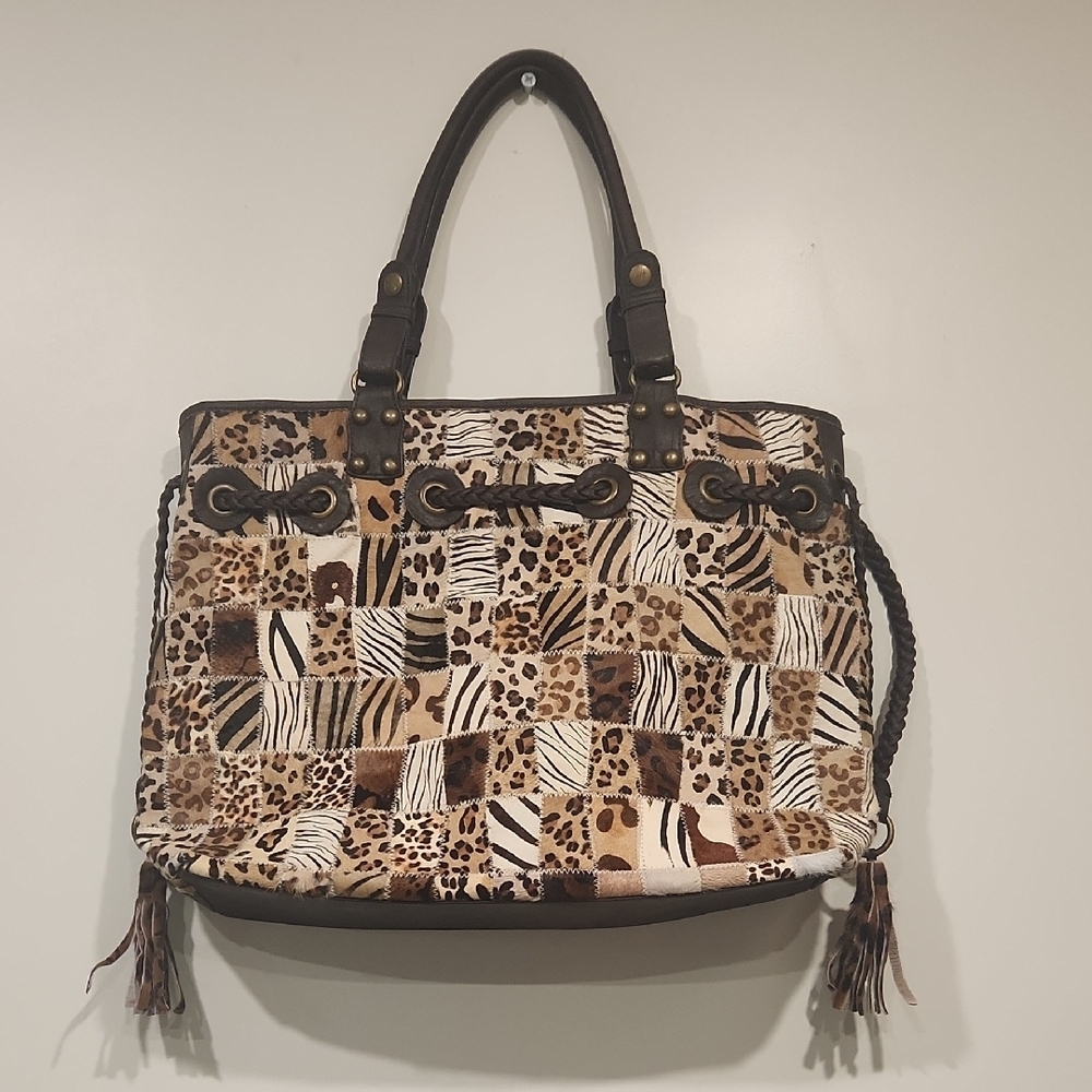 K.J.L. Patchwork Animal Print Haircalf & Leather Tote Bag‎  Safari Chic Handbag